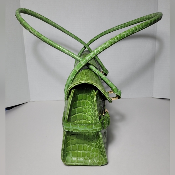 Genuine Leather Green Croc Embossed Handbag Shoulder Bag Satchel Vintage - Picture 11 of 16